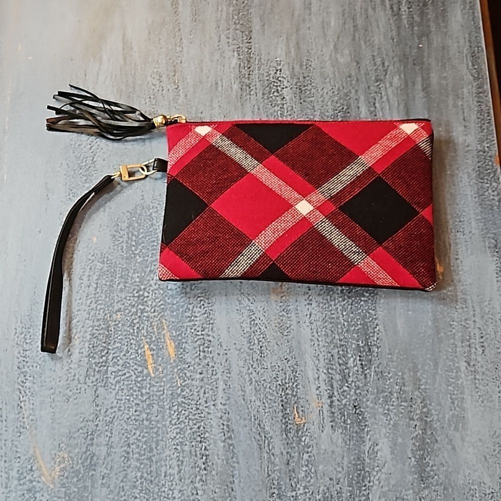 NWOT Buffalo Check Faux Leather Clutch | Red & Black Plaid | Wristlet & Tassel
